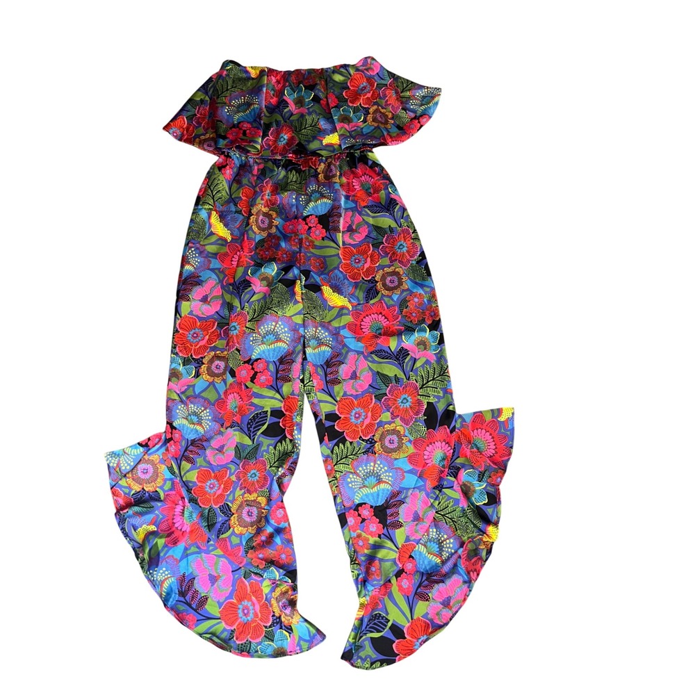 Sigares Floral Off The Shoulder Ruffle Wide Leg Jumpsuit Blue Multi Large